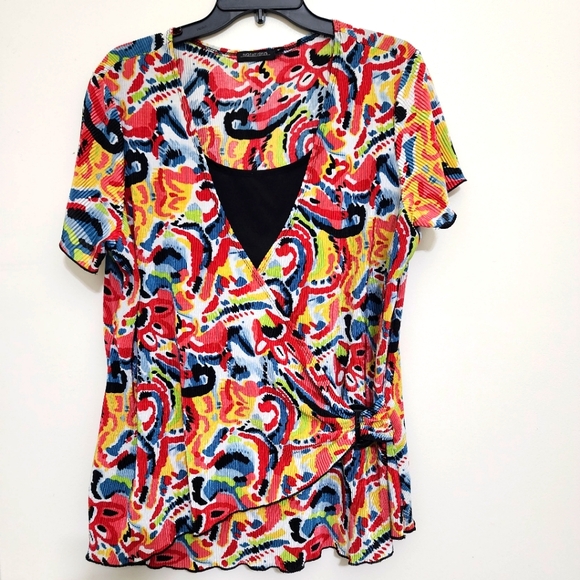 NOTATIONS Paisley‎ Floral Pleated Wrap Blouse XL Stretch Short Sleeves Black Vtg - Picture 1 of 12